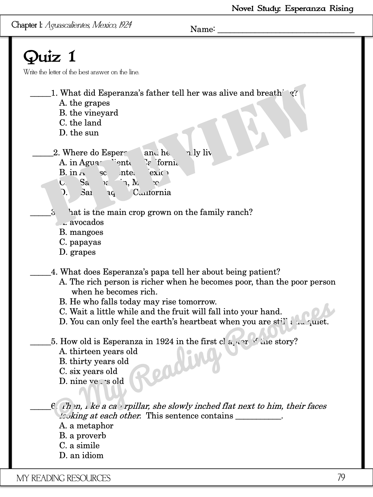 Esperanza Rising Section Quizzes My Reading Resources