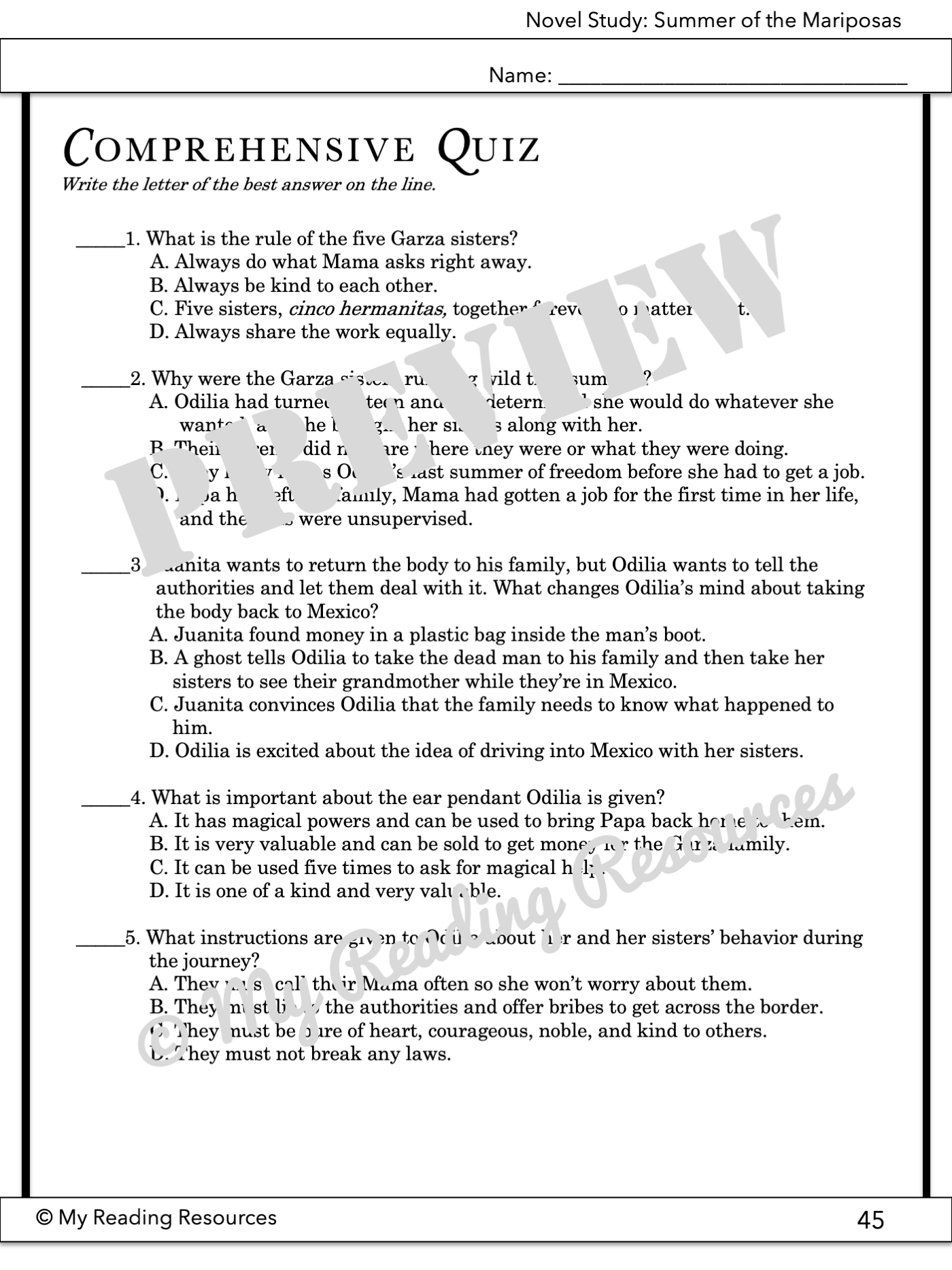 Summer of the Mariposas Novel Study My Reading Resources