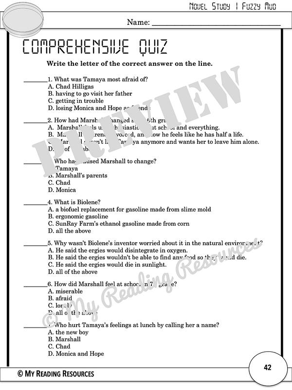 Fuzzy Mud Novel Study My Reading Resources