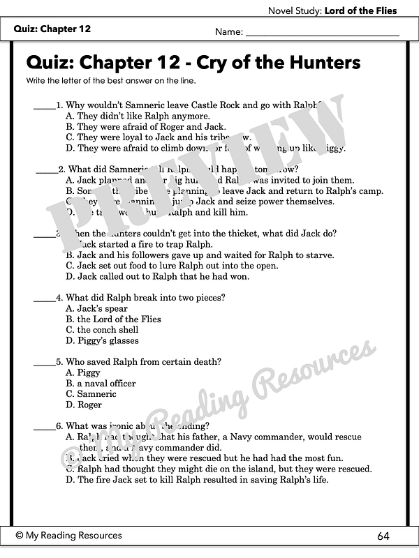 Lord of the Flies Chapter Quizzes My Reading Resources