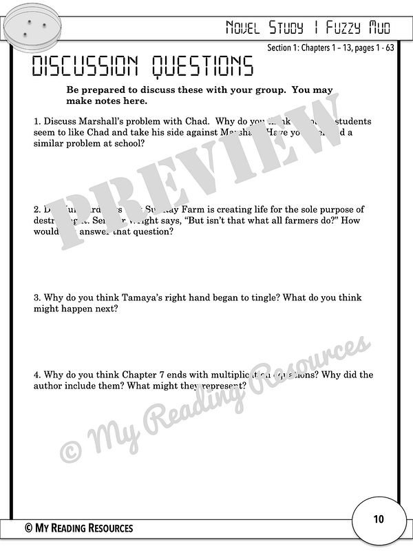 Fuzzy Mud Novel Study My Reading Resources