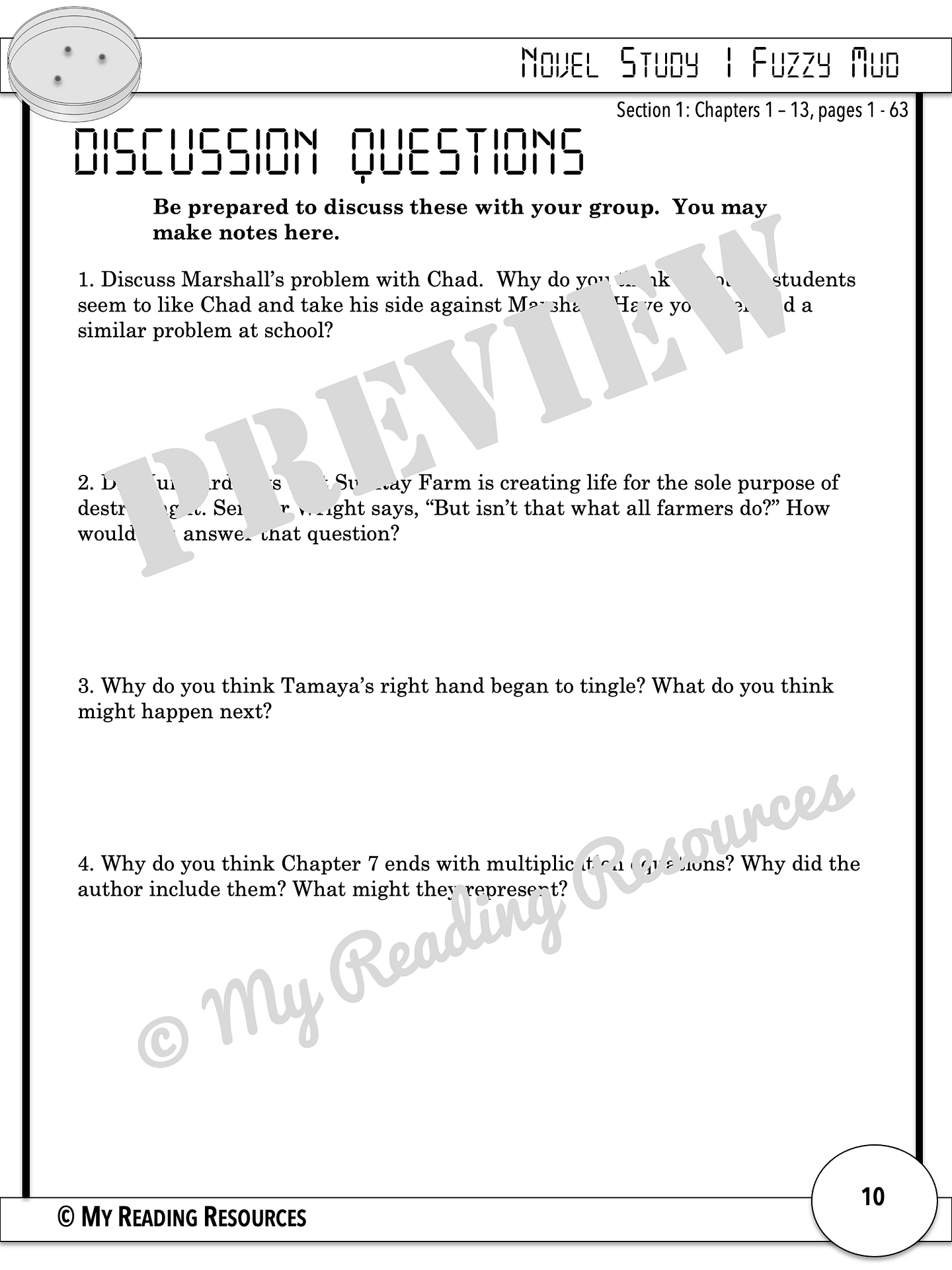 Fuzzy Mud Novel Study My Reading Resources