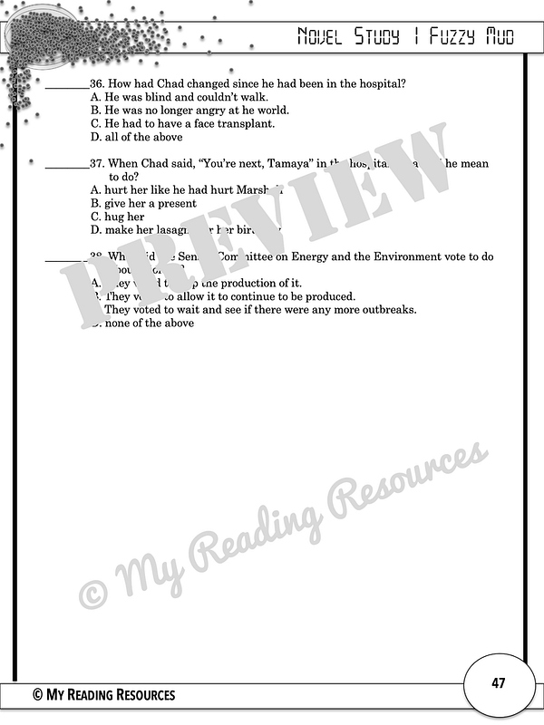 Fuzzy Mud Novel Study My Reading Resources
