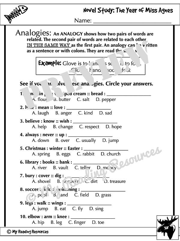 The Year of Miss Agnes Assessment Packet My Reading Resources
