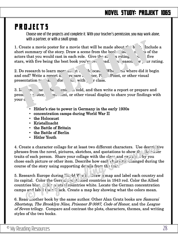 Projekt 1065 Novel Study My Reading Resources