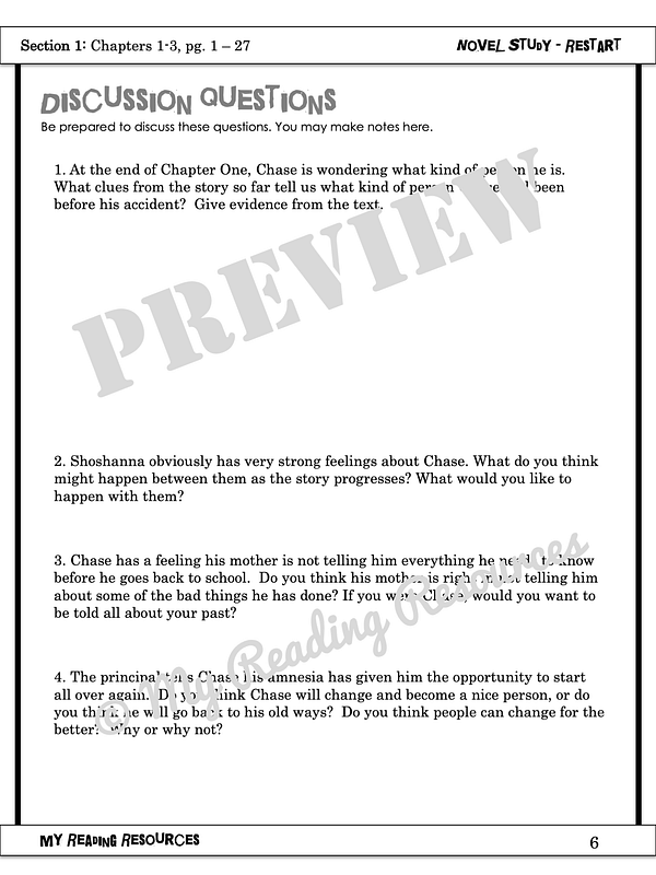 Restart Novel Study My Reading Resources