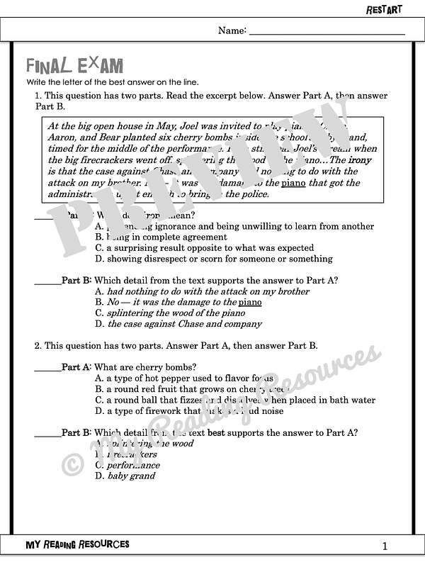 Restart Novel Study My Reading Resources