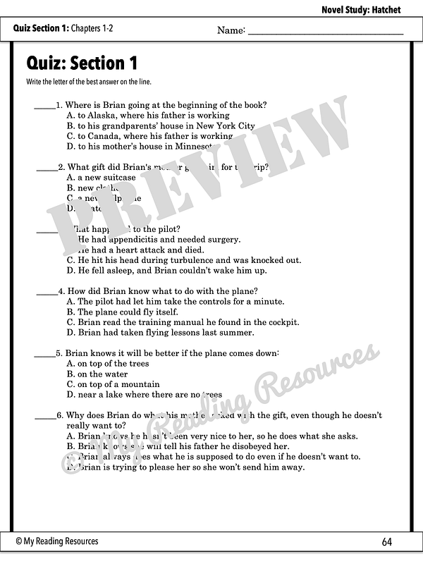 Hatchet Novel Study My Reading Resources