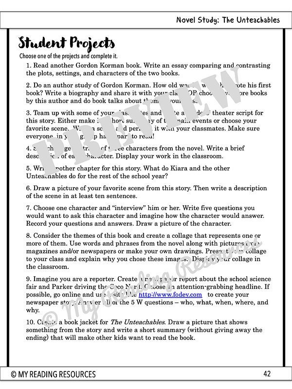 The Unteachables Novel Study My Reading Resources