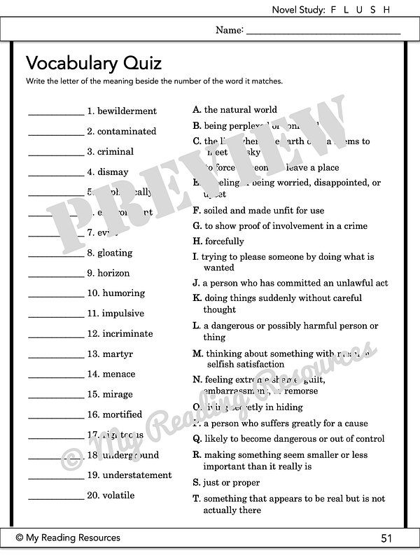 Flush Novel Study My Reading Resources