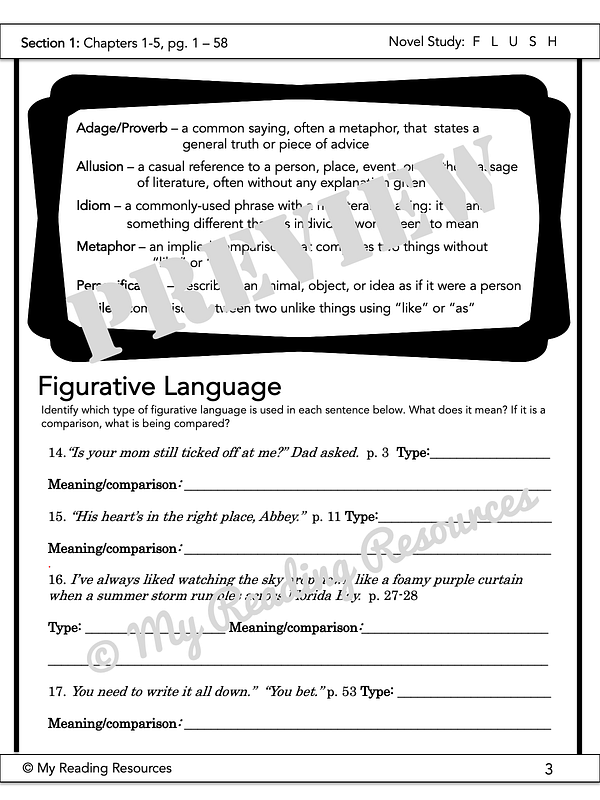Flush Novel Study My Reading Resources
