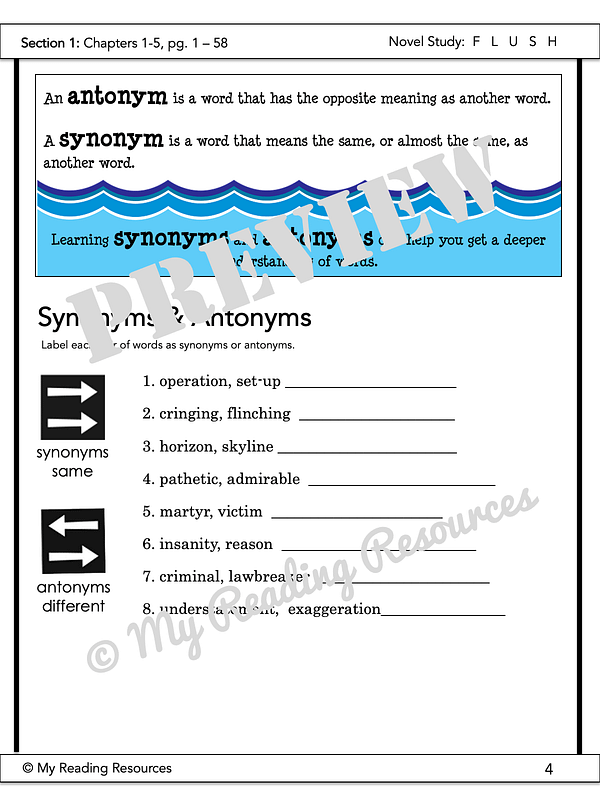 Flush Novel Study My Reading Resources