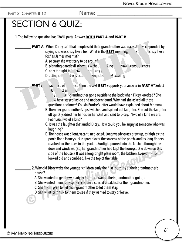 Homecoming Novel Study - My Reading Resources