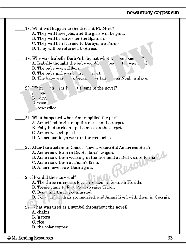 Copper Sun Novel Study My Reading Resources