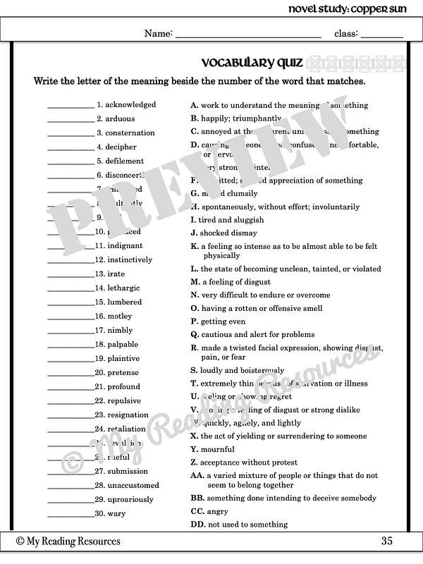 Copper Sun Novel Study My Reading Resources