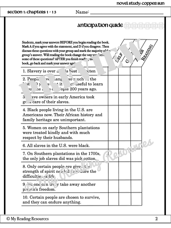 Copper Sun Novel Study My Reading Resources