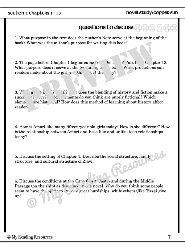 Copper Sun Novel Study My Reading Resources