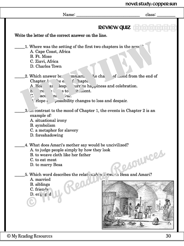 Copper Sun Novel Study My Reading Resources