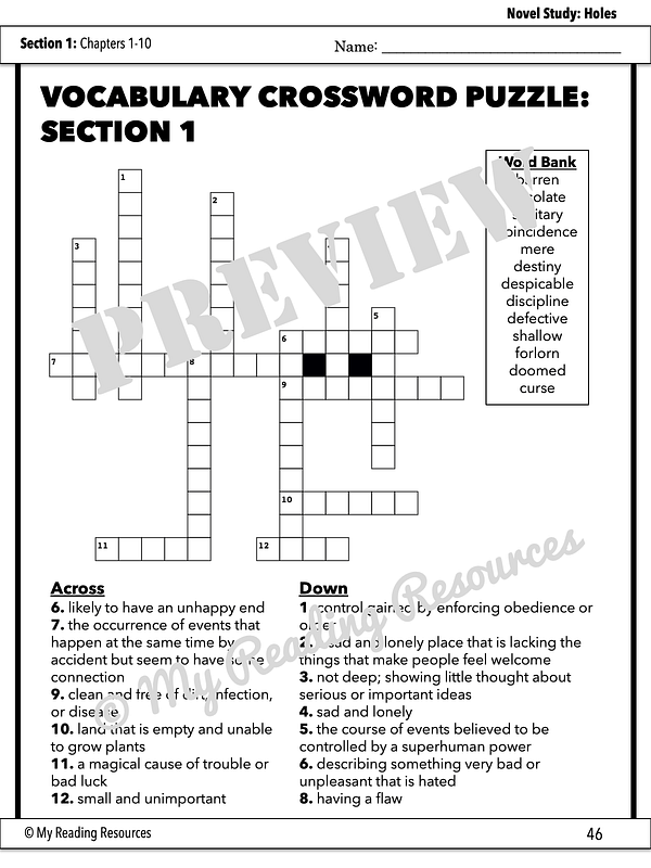 Holes Section Quizzes Crossword Puzzles My Reading Resources