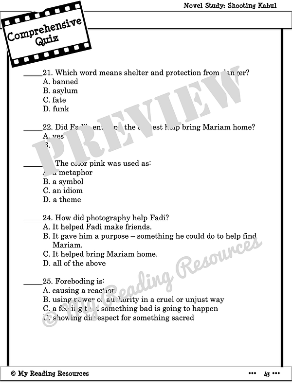 Shooting Kabul Novel Study My Reading Resources