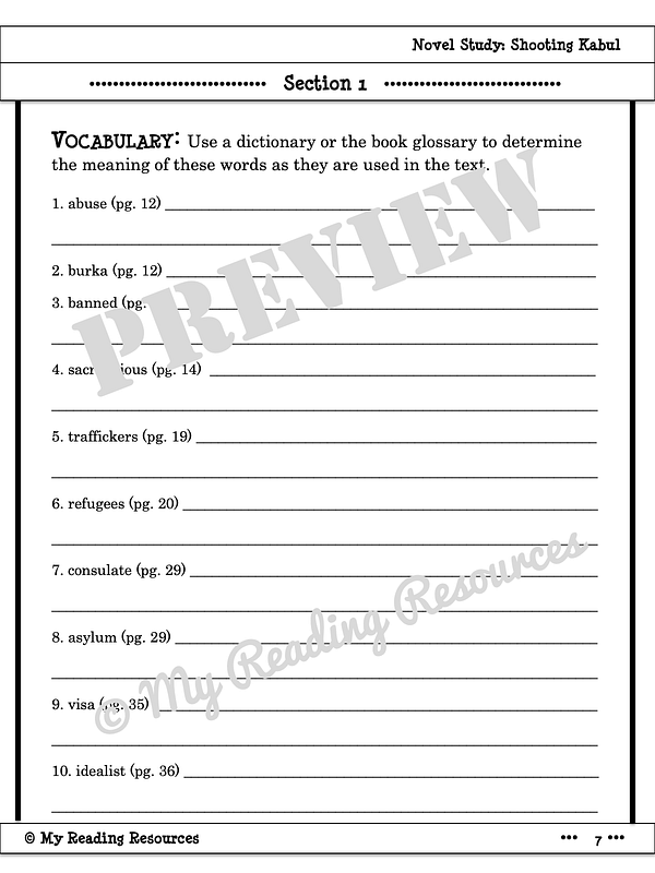 Shooting Kabul Novel Study My Reading Resources