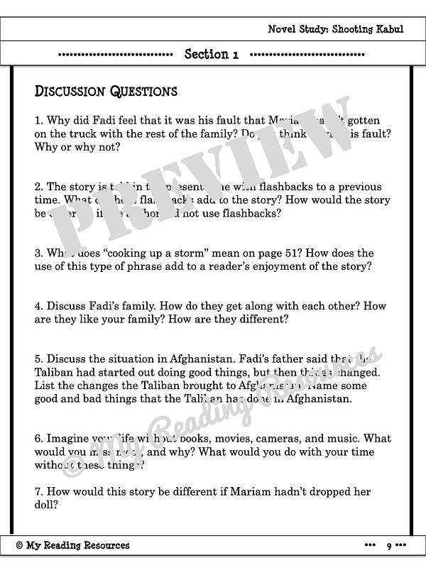 Shooting Kabul Novel Study My Reading Resources