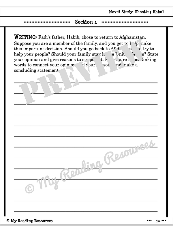 Shooting Kabul Novel Study My Reading Resources