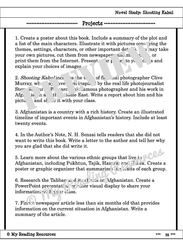 Shooting Kabul Novel Study My Reading Resources