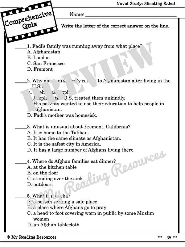 Shooting Kabul Novel Study My Reading Resources