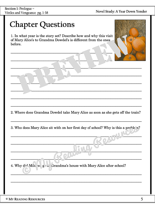 A Year Down Yonder Student Worksheet Packet My Reading Resources