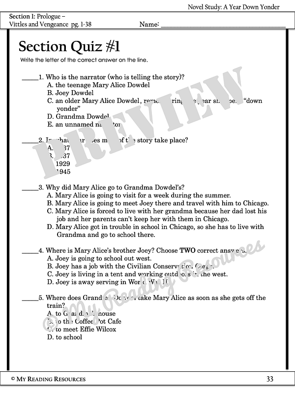 A Year Down Yonder Novel Study My Reading Resources