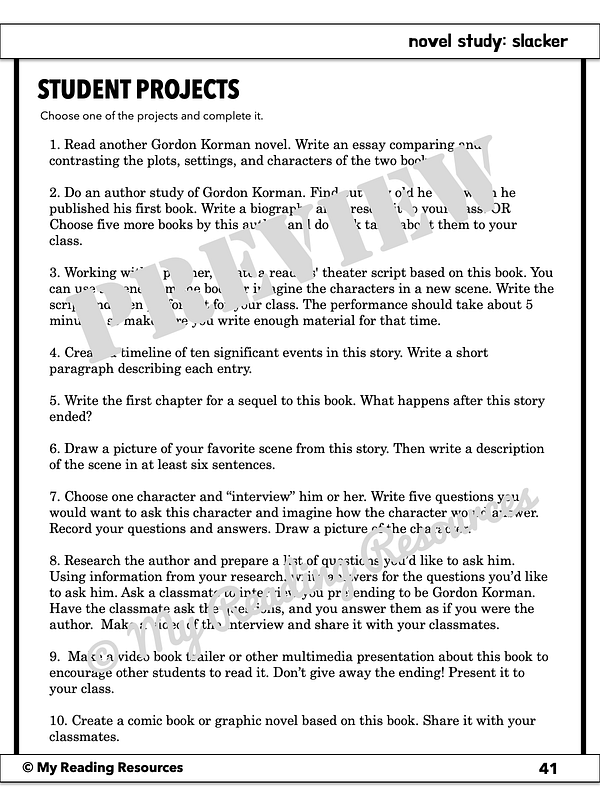 Slacker Novel Study My Reading Resources