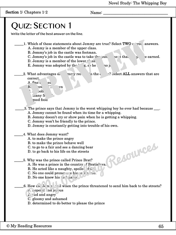 The Whipping Boy Section Quizzes Crossword Puzzles My Reading Resources