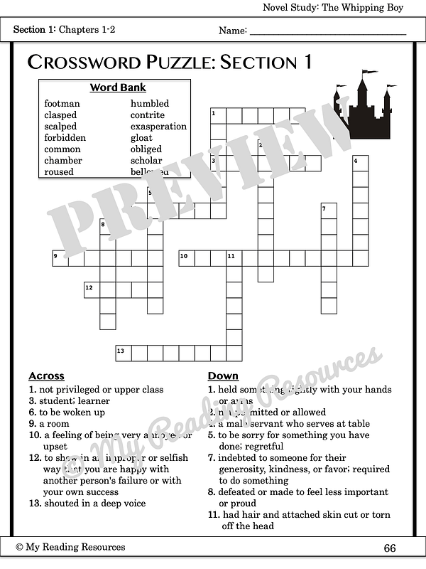 The Whipping Boy Section Quizzes Crossword Puzzles My Reading Resources