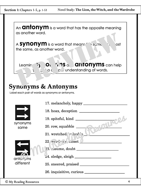 The Lion, the Witch, and the Wardrobe Novel Study My Reading Resources