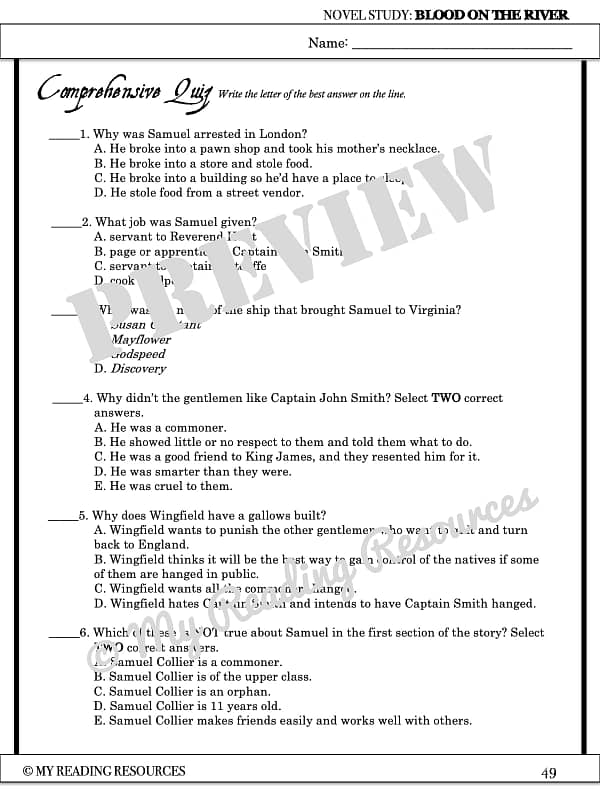 Blood on the River Comprehensive Quiz My Reading Resources