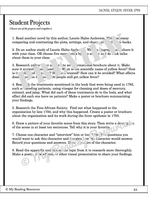 Fever 1793 Student Worksheet Packet My Reading Resources