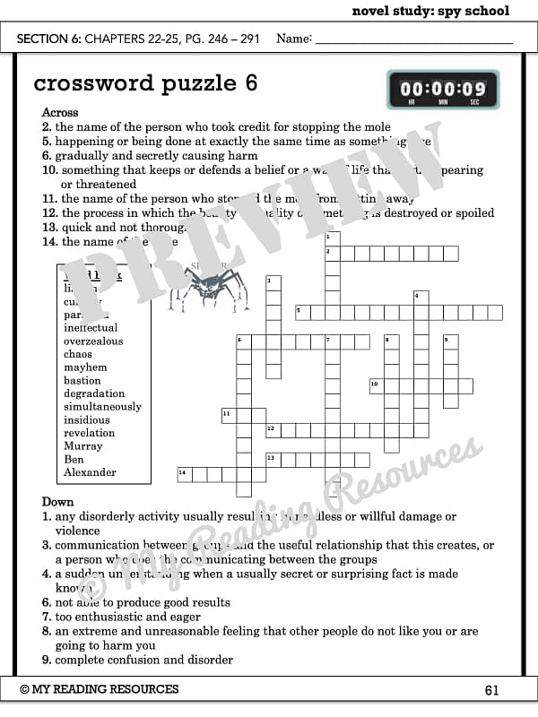 Spy School Section Quizzes Crossword Puzzles My Reading Resources