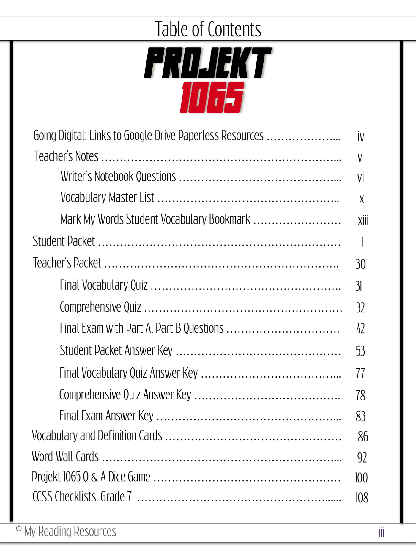 Projekt 1065 Novel Study My Reading Resources