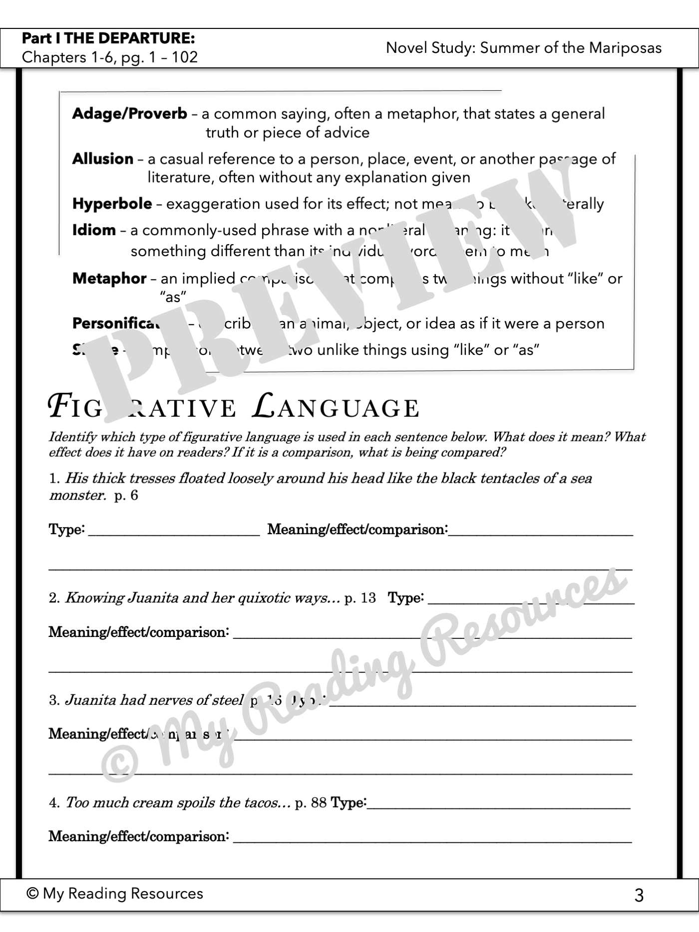 Summer of the Mariposas Student Worksheet Packet My Reading Resources