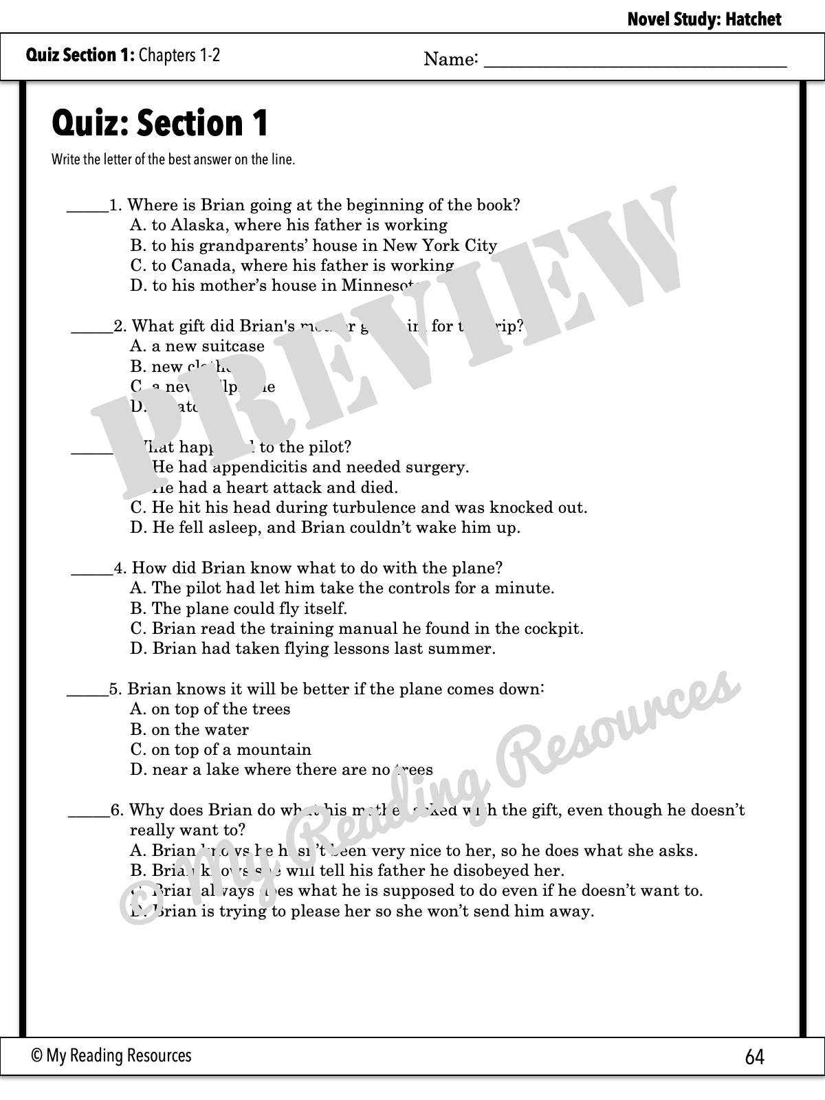 Hatchet Section Quizzes & Crossword Puzzles My Reading Resources