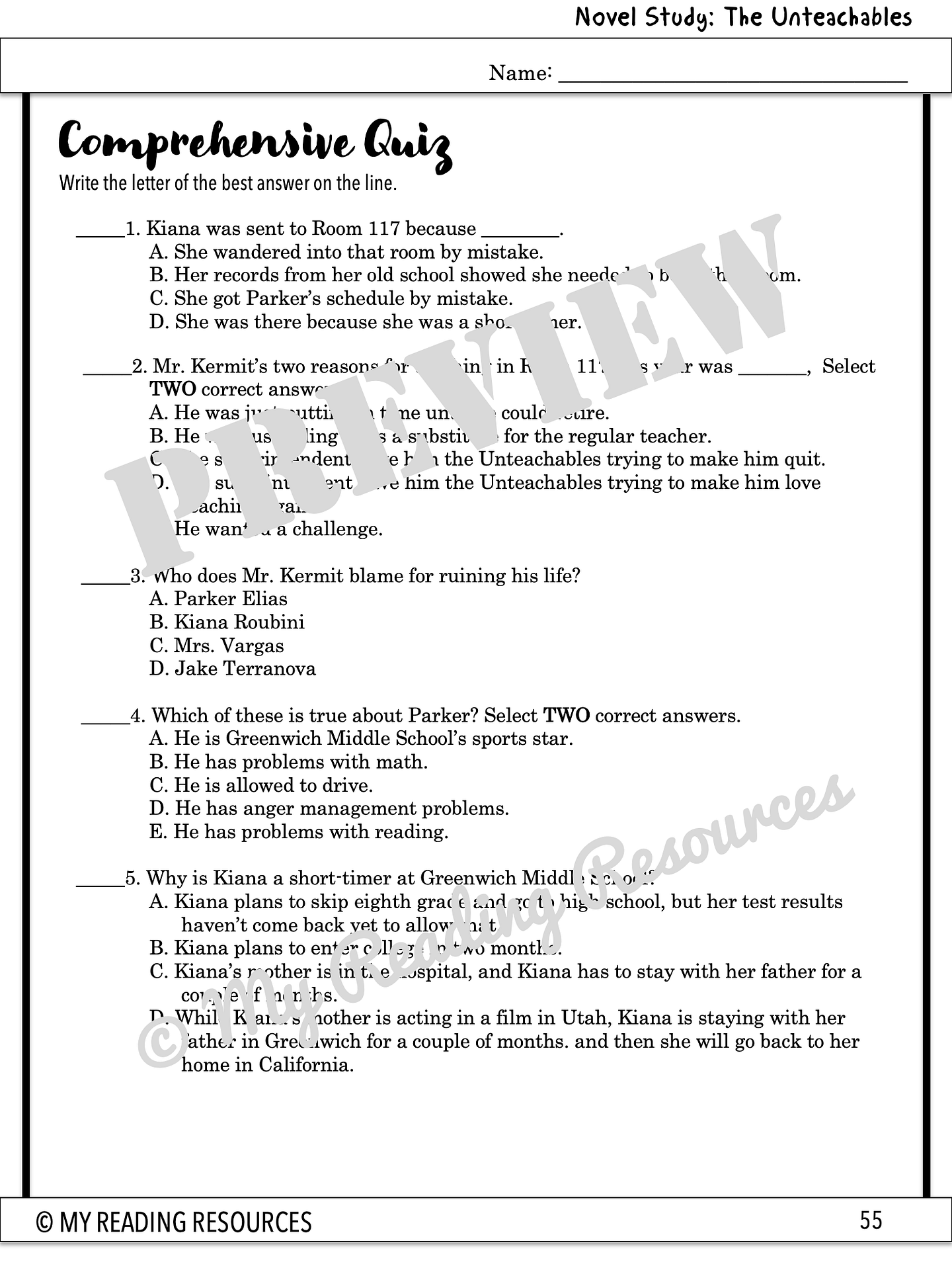 The Unteachables Comprehensive Quiz My Reading Resources