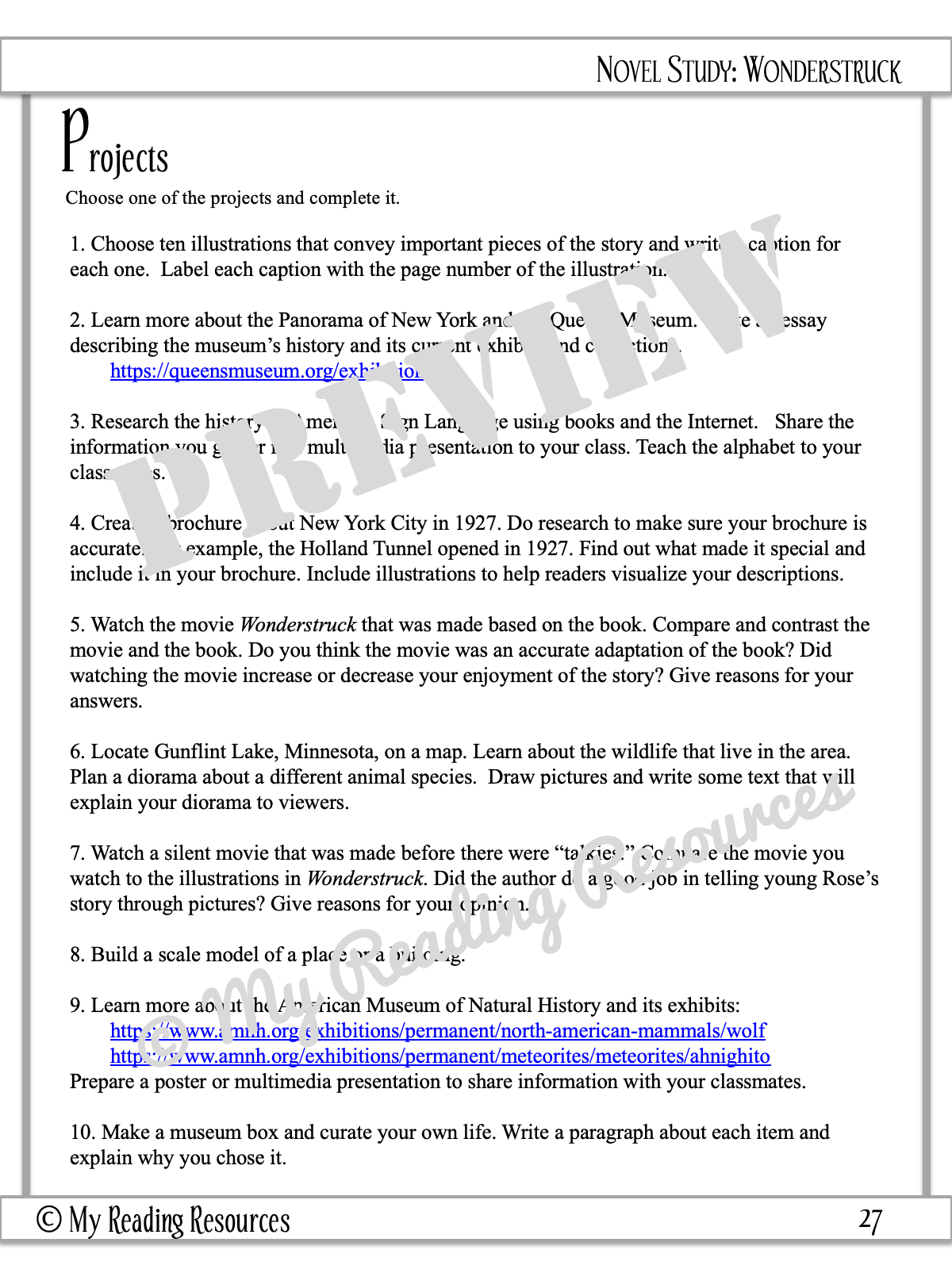 Wonderstruck Novel Study - My Reading Resources