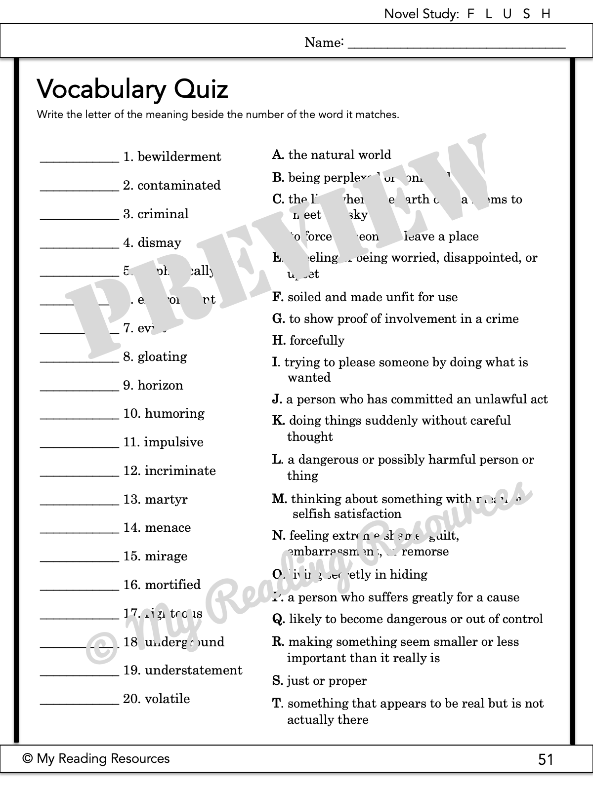 Flush Novel Study My Reading Resources