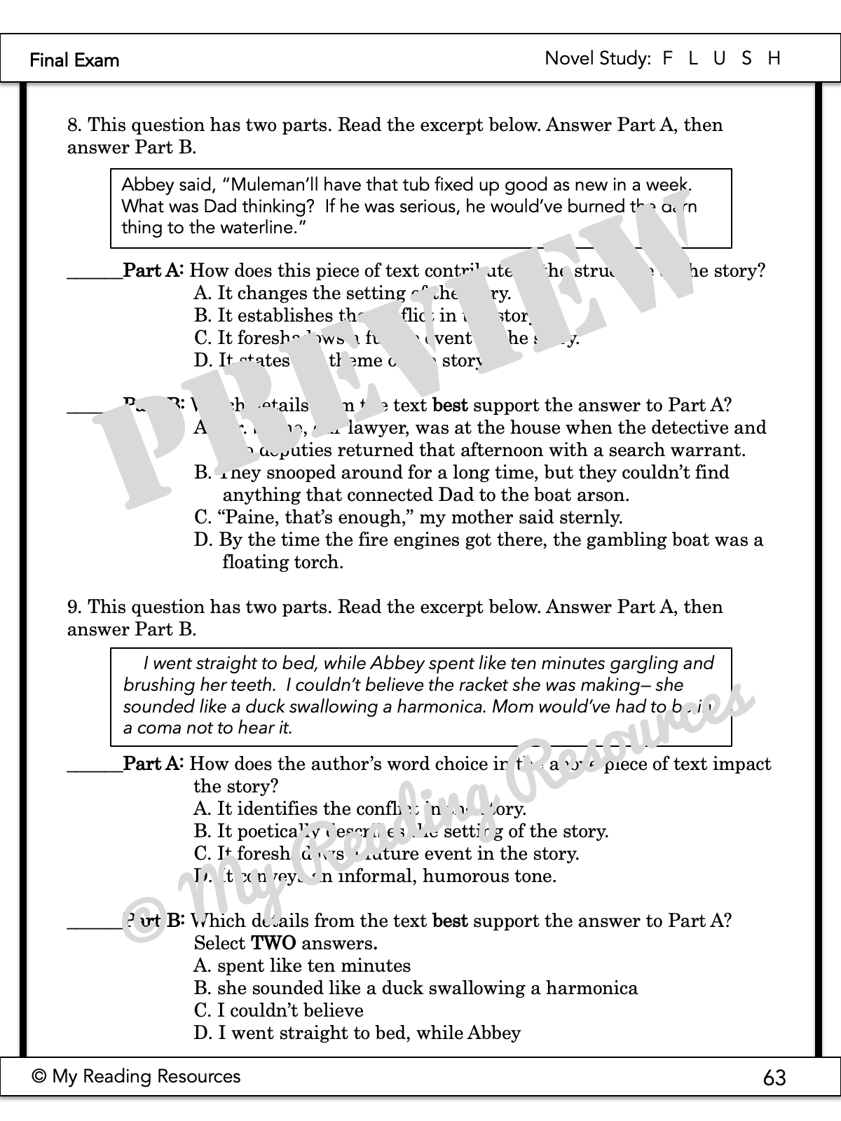 Flush Novel Study My Reading Resources