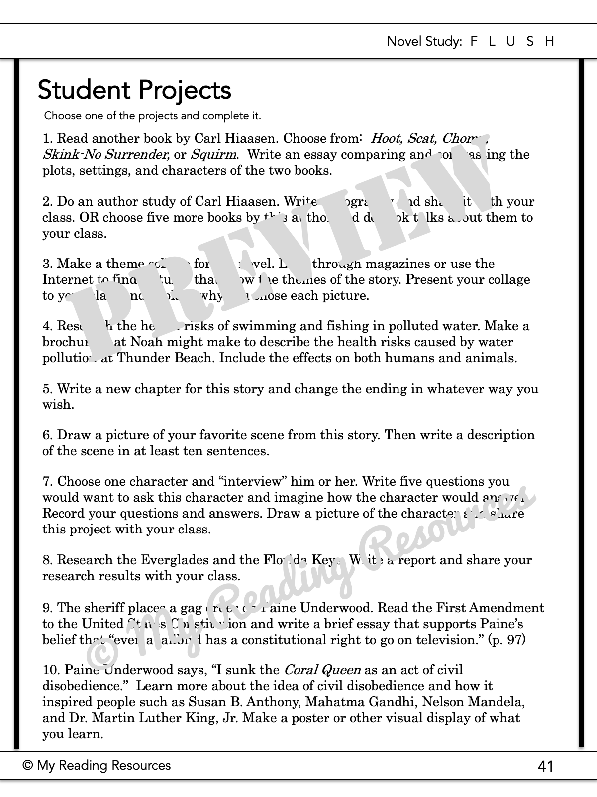 Flush Novel Study My Reading Resources