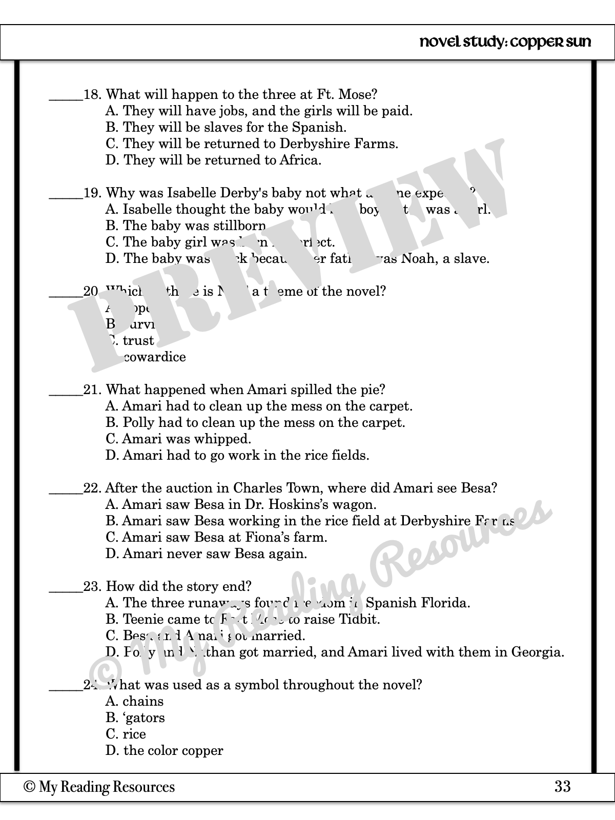 Copper Sun Novel Study My Reading Resources