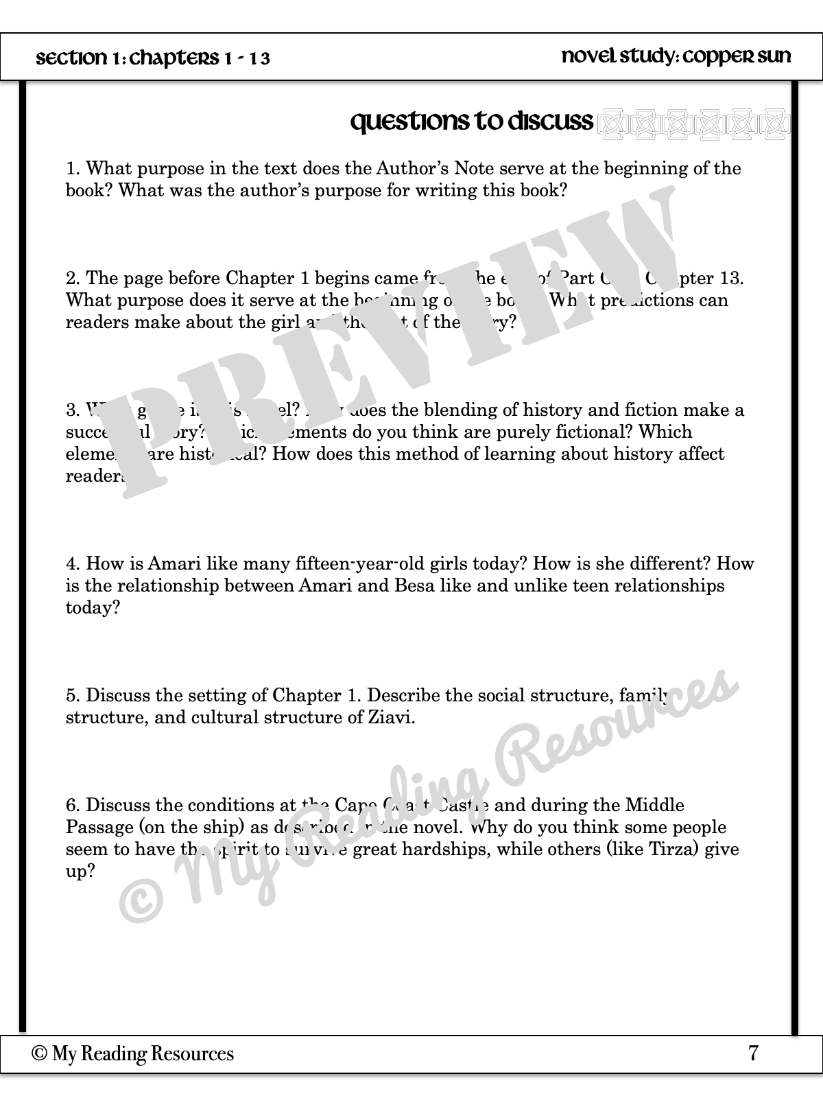 Copper Sun Novel Study My Reading Resources