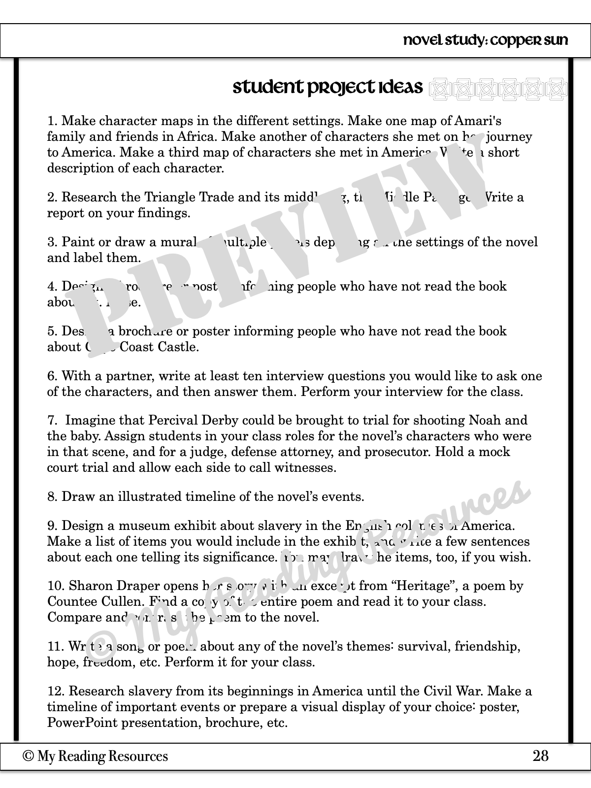 Copper Sun Novel Study My Reading Resources