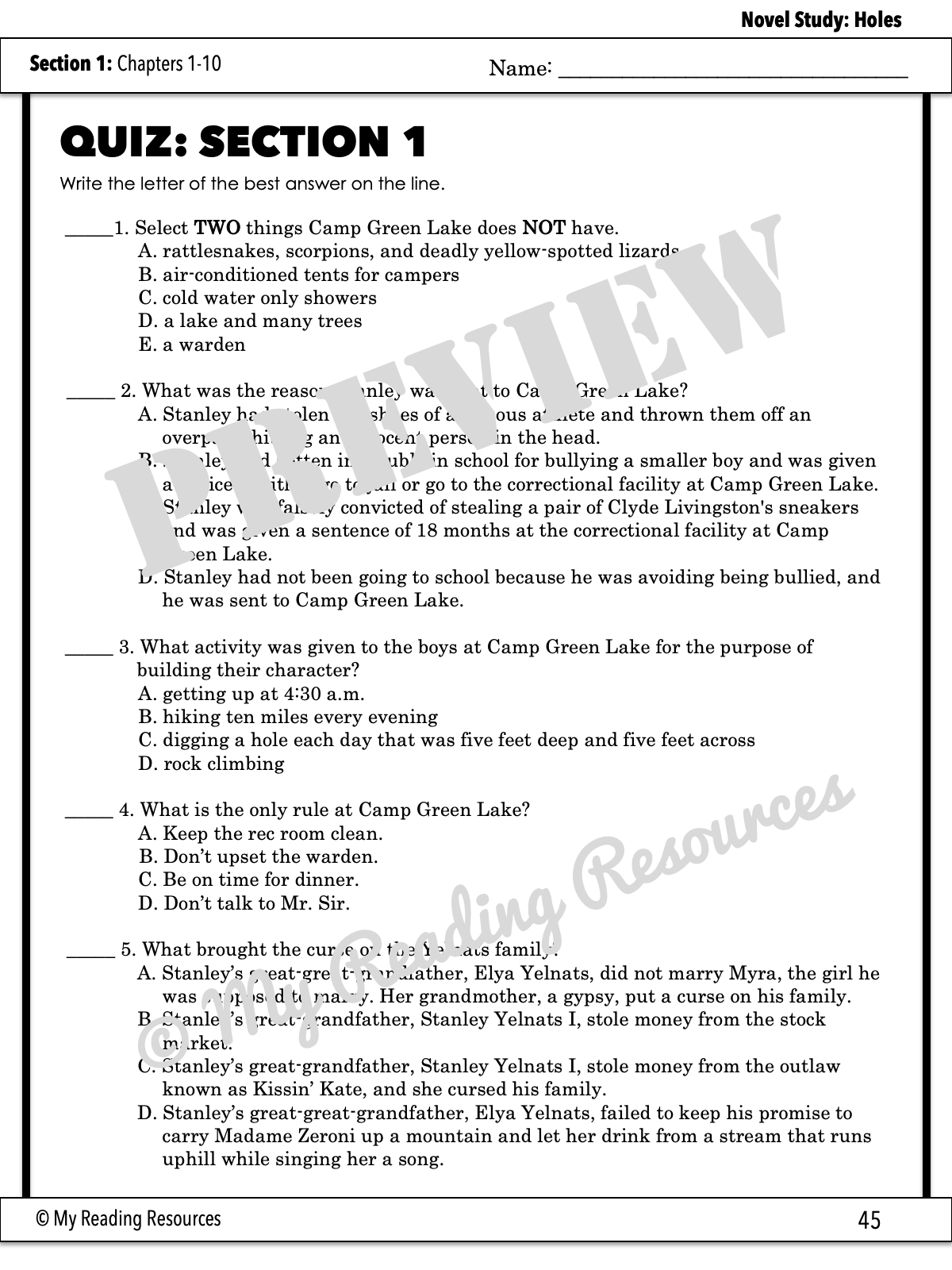 Holes Section Quizzes & Crossword Puzzles My Reading Resources